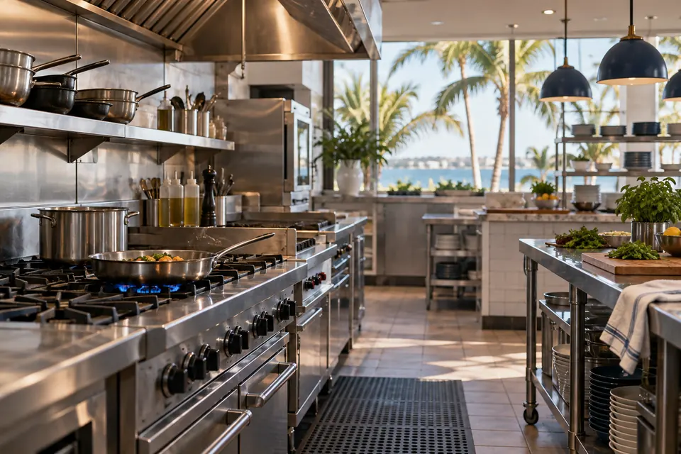Illustrative commercial kitchen with gas cooking equipment and Florida palms
